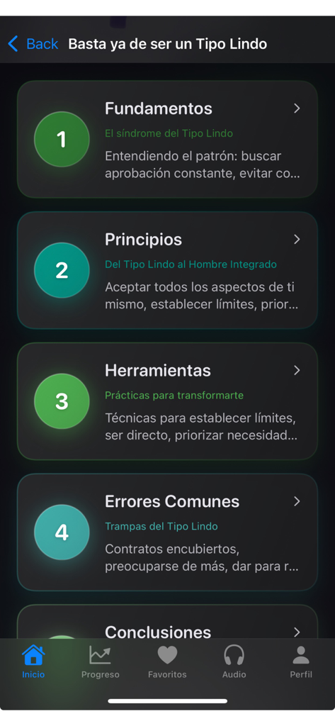 Huellas de vida - Mobile screen of Huellas de Vida app showing the five structured layers of a personal growth module