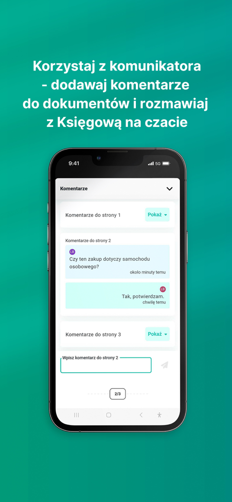 Scanye - Scanye app screen showing a chat interface for document comments and communication with an accountant.