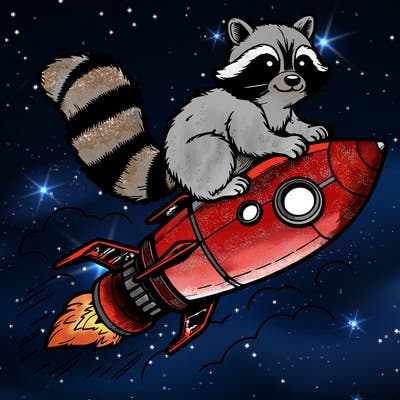 realistic raccoon flying on top rocket ship