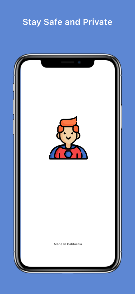 VPN Super Proxy x 360 Shield - Pantalla de inicio de la aplicación VPN Super Proxy con un personaje de superhéroe y el eslogan Mantente Seguro y Privado