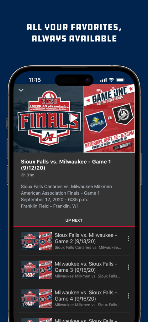 American Association TV - Smartphone screen showing a baseball game video player and upcoming schedule in the American Association TV app