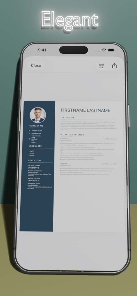 Professional Resume Builder - An elegant professional resume template displayed on an iPhone screen.