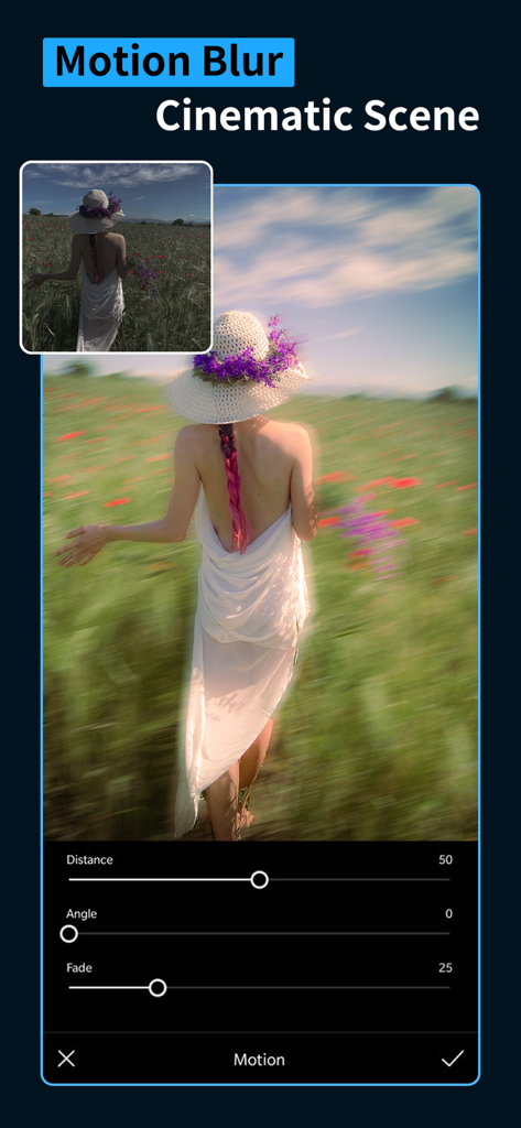 A woman in a flower field with a cinematic motion blur effect applied using the Koloro app editing tools