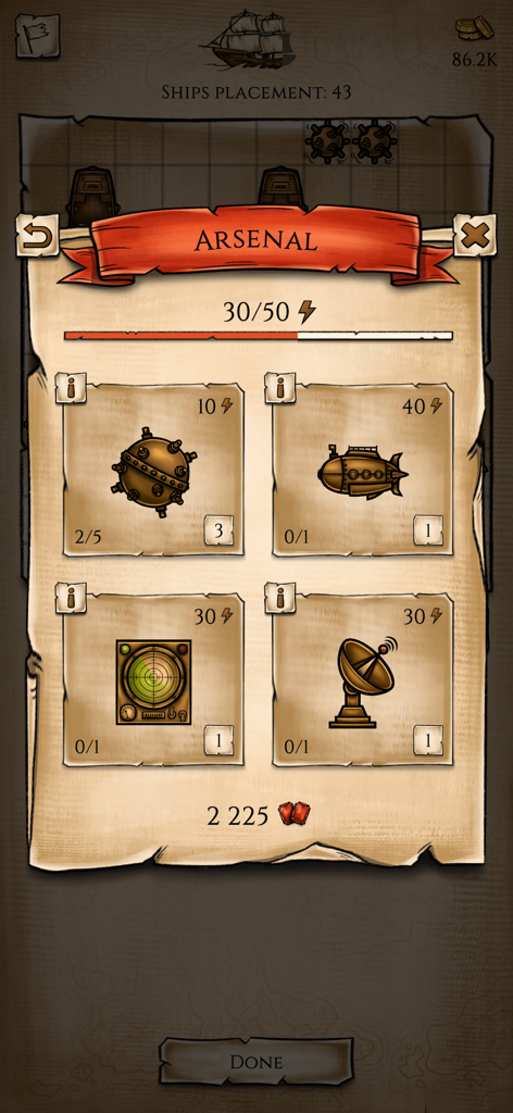 Arsenal menu in Sea Battle Online Game showing special weapons and items like mines and submarines