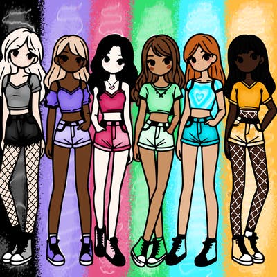 a group of girls wearing crop tops and shorts