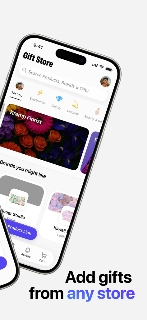 Throne-App-Oberfläche, die die Geschenk-Store-Ansicht mit Kategorien und Marken zeigt, die Creator zu ihrer Wunschliste hinzufügen können.