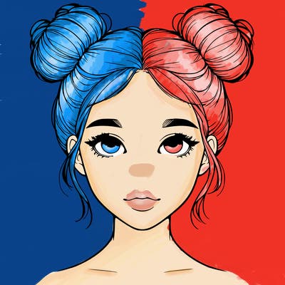 realistic girl with two buns on top of her head