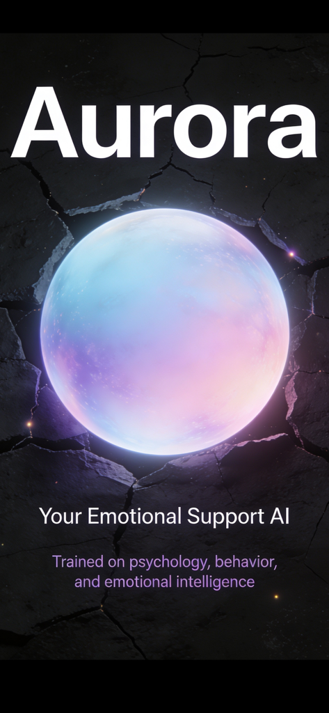 Aurora: AI Therapy & Community - Pantalla de presentación de la aplicación de terapia IA de Aurora con una esfera brillante y el subtítulo de soporte emocional IA