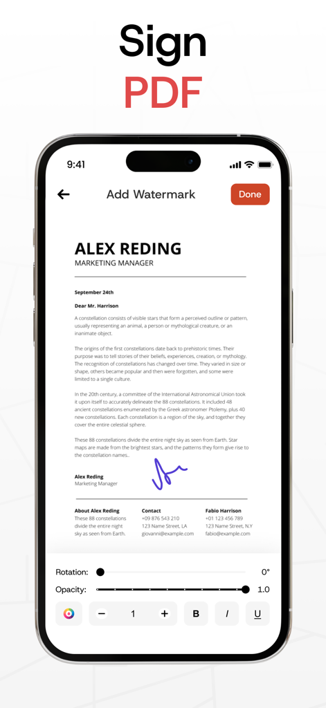 Merge PDF Files－Split PDF Docs - Hinzufügen einer digitalen Signatur und eines Wasserzeichens zu einem PDF-Dokument auf dem Handy