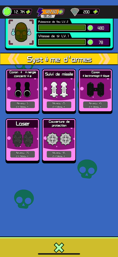 Bump Comha: monstre - Weapon system menu in Bump Comha showing various unlockable weapons and fire power upgrades.