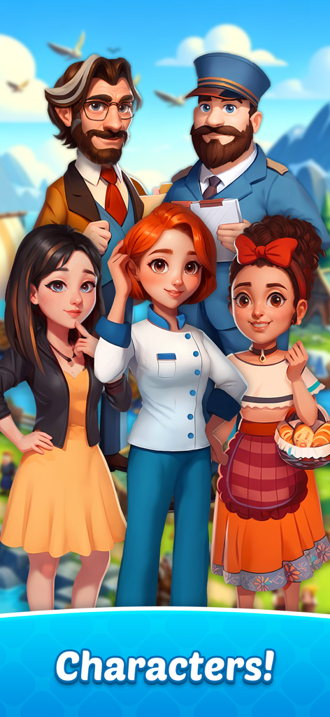 Merge Craze: Merge & Design - A group portrait of main characters from the mobile game Merge Craze including chef Grace