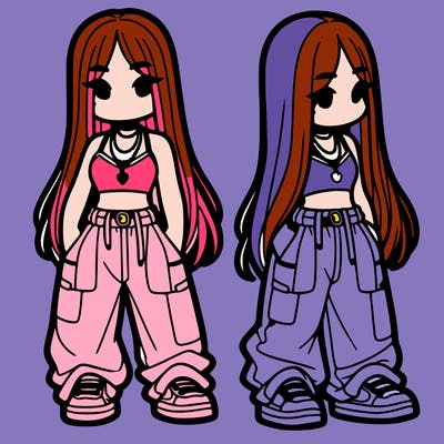 girl in baggy pants crop top and long hair