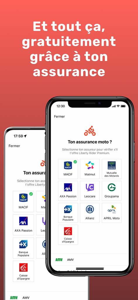 Liberty Rider app interface showing a list of motorcycle insurance partners offering free premium access