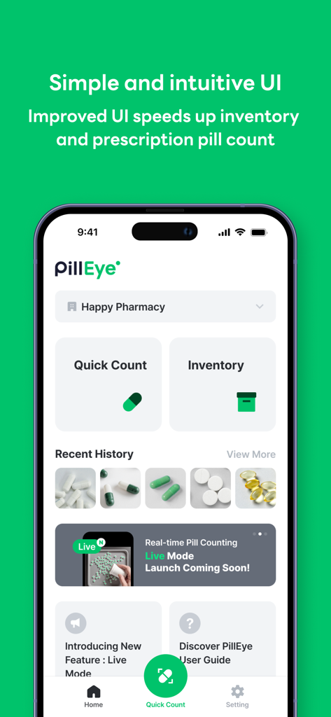 The PillEye app home screen showing Quick Count and Inventory options with a recent history of pill count photos.