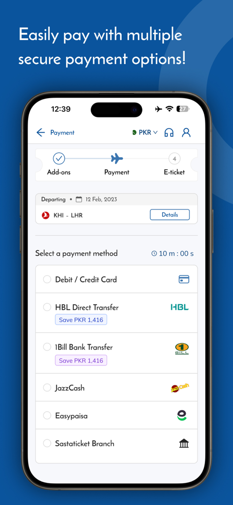 Sastaticket.pk Flights, Bus - Mobile phone screen of Sastaticket app showing secure payment options for a Karachi to Lahore flight.