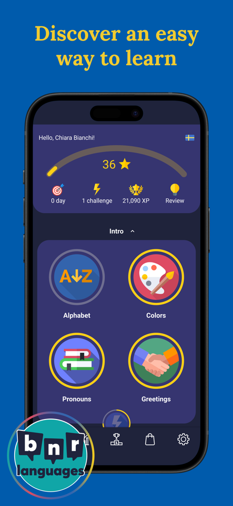 Learn Swedish (Beginners) - Interfaz de aplicación móvil para aprender sueco que muestra categorías de lecciones para principiantes como el alfabeto y los colores