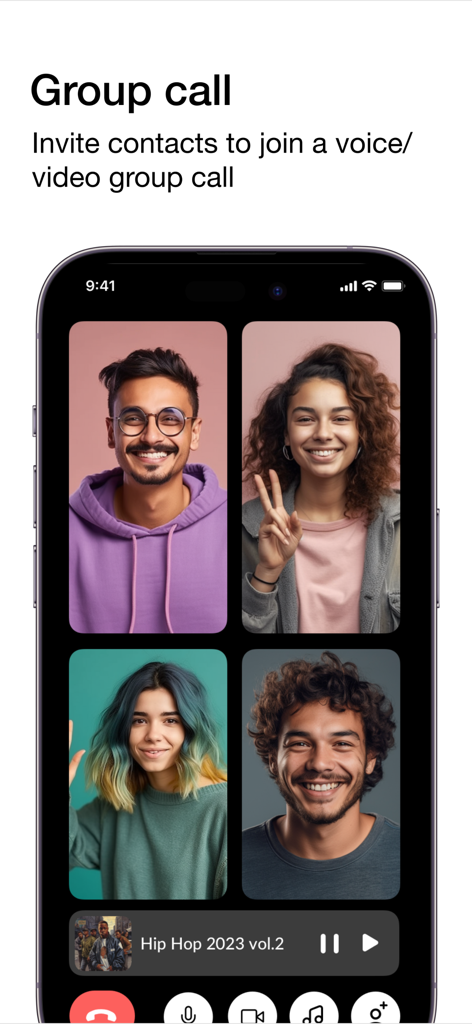Skred Messenger mobile app showing a group video call with four people and an integrated music player.
