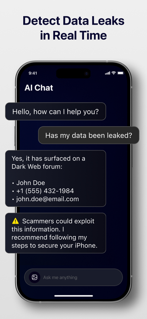 AI chat interface showing real-time data leak detection alerts and security recommendations for an iPhone.