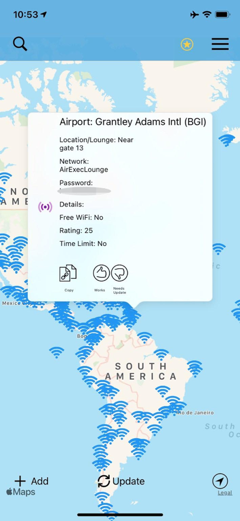 WiFox - Map view of the WiFox app showing airport wifi passwords and lounge network information for international travelers