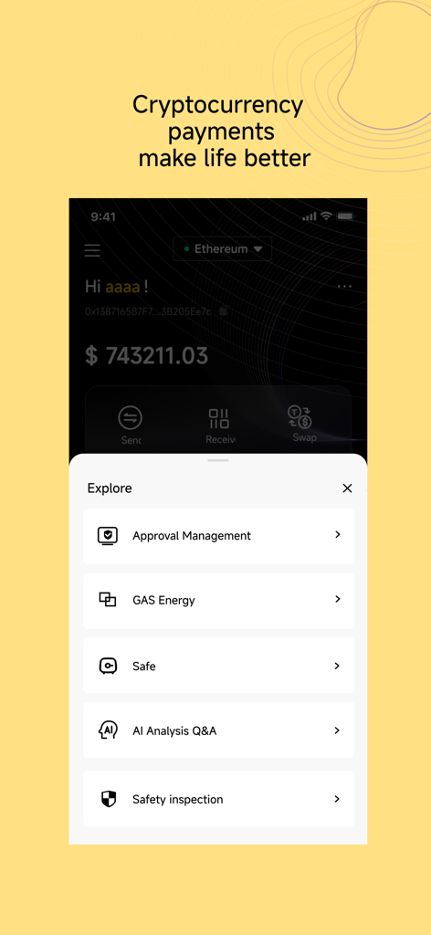 BSC Wallet: Web3 BNB chain - BSC Wallet Explore-Bildschirm mit Sicherheitstools und Optionen zur Verwaltung der Gasenergie.