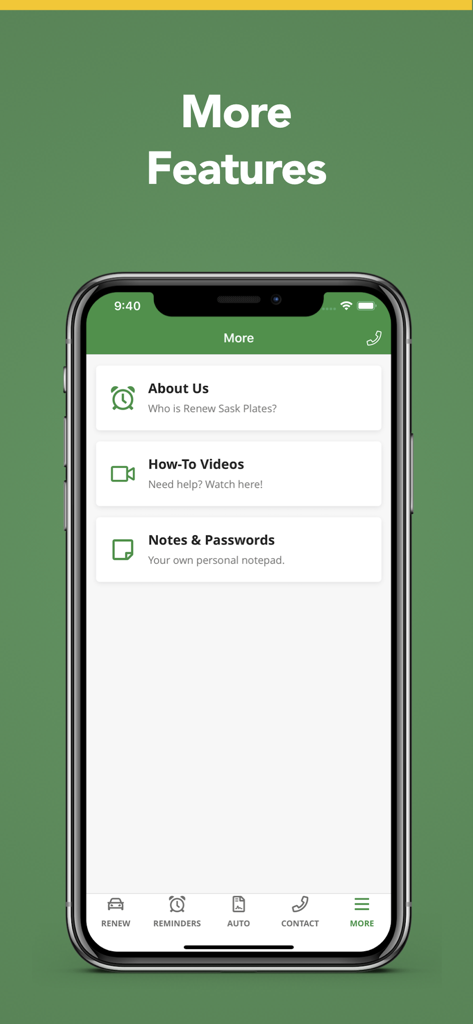 Renew Sask Plates - Screen of the Renew Sask Plates mobile app displaying more features including about us, how-to videos, and notes