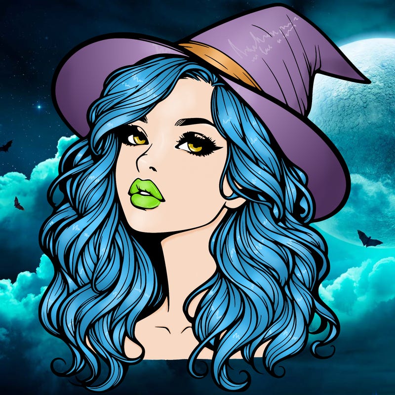 realistic witch girl with wavy hair and lips