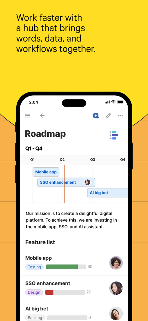 Coda - A mobile screenshot of the Coda app showing a project roadmap with a timeline and feature status list.