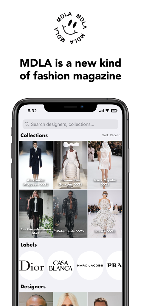 MDLA Runway - Fashion Design - MDLA Runway app home screen showing fashion collections from Alexander McQueen and labels like Dior and Marc Jacobs
