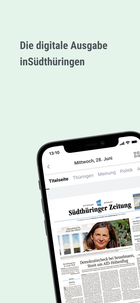 inSüdthüringen.de E-Paper - Smartphone screen displaying a digital newspaper edition from Thuringia in the inSuedthueringen app