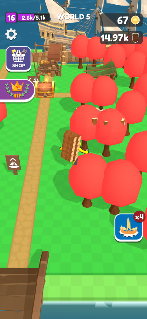 Craft Island - Un personnage jaune transportant une grande pile de bûches sur une île verte avec des arbres rouges dans Craft Island.