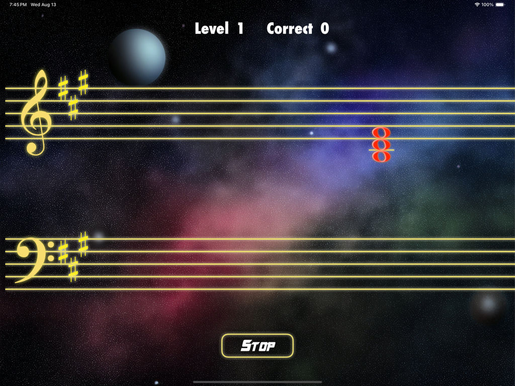 StaffWars - GrandStaff - Pantalla del juego de lectura a primera vista musical StaffWars GrandStaff que muestra notas en una clave de sol y fa con un fondo espacial