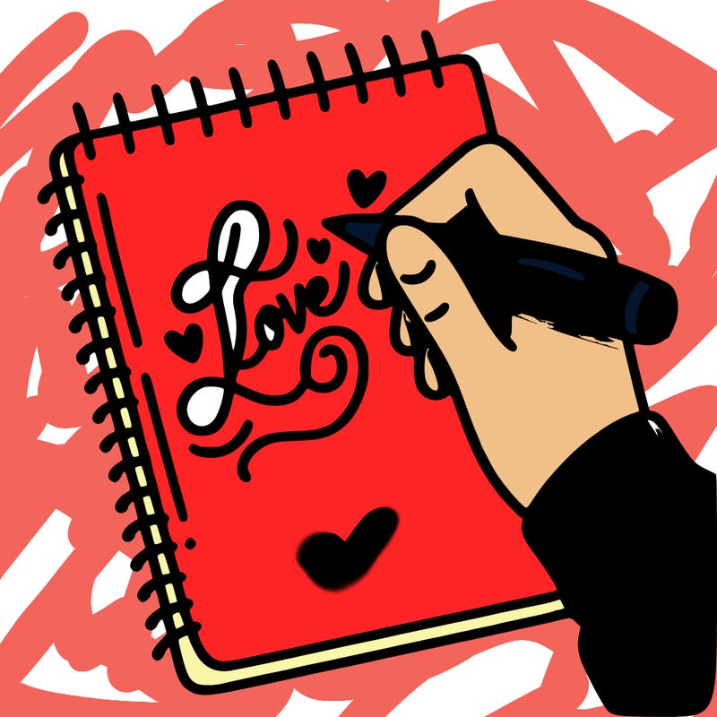 a hand writing “love” in calligraphy on a notebook