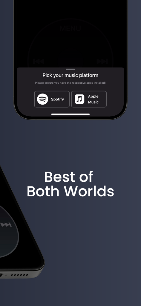 RetroPod - RetroPod app interface showing a selection menu for Spotify and Apple Music with the text Best of Both Worlds.