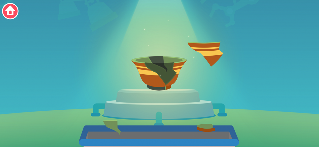 Toddler educational game screen showing a pottery relic being reconstructed in an underwater setting