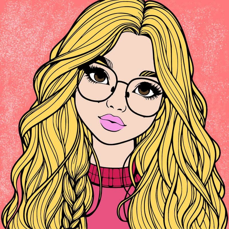 girl with long hair and freckles and glasses realistic