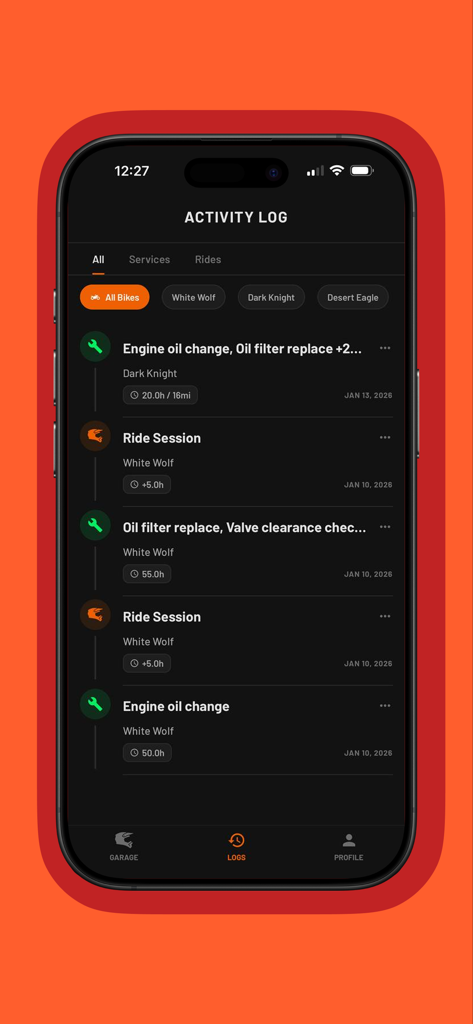 Activity log screen showing maintenance history and ride sessions for multiple dirt bikes