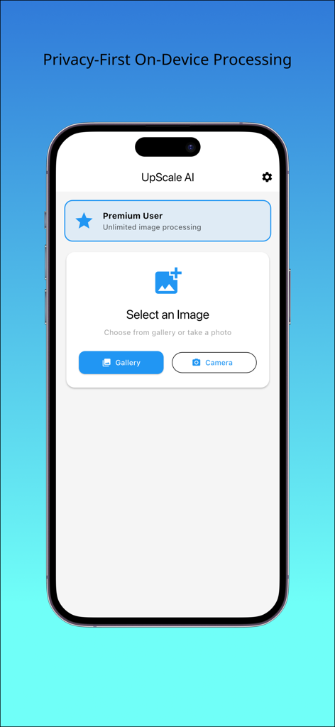 ギャラリーまたはカメラからの画像選択オプションとプライバシーを最優先したオンデバイス処理を表示するUpscaleAIアプリインターフェース
