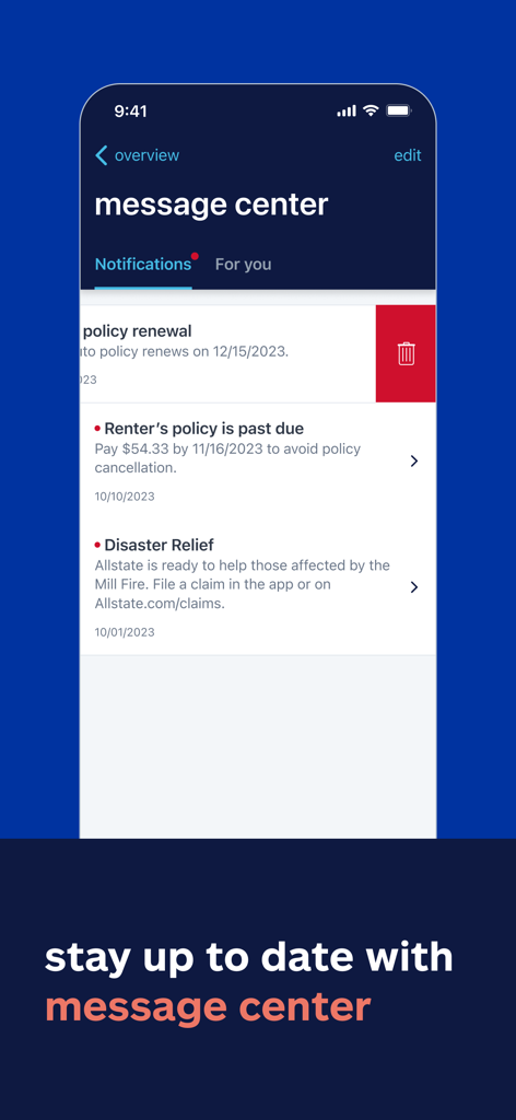 Allstate® Mobile - Screenshot of the Allstate Mobile app message center displaying policy notifications and disaster relief alerts