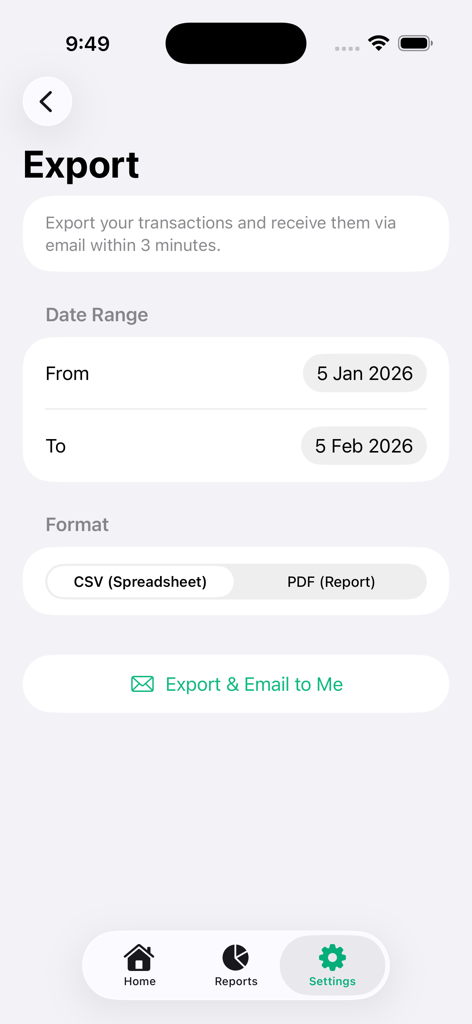 Pocket Clear - Pocket Clear app screen showing options to export financial transactions as a CSV spreadsheet or PDF report by date range.