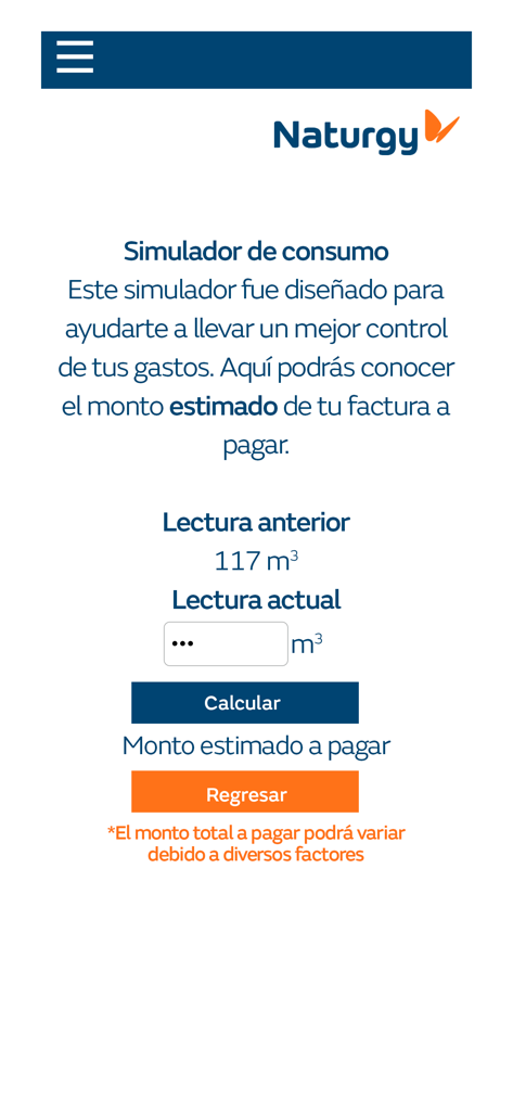 Naturgy Contigo app consumption simulator screen for estimating gas bill payments based on meter readings