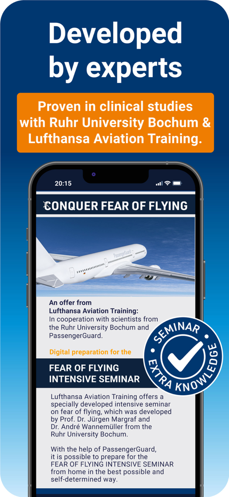 PassengerGuard: Fear of Flying - Pantalla de la aplicación PassengerGuard destacando estudios clínicos con Lufthansa Aviation Training y la Universidad Ruhr de Bochum.