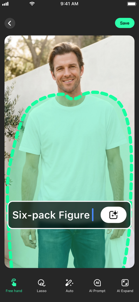Interface do editor de fotos com IA mostrando uma pessoa com uma seleção destacada e um prompt de texto para uma transformação de figura com seis pacotes