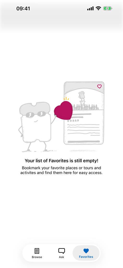Empty favorites screen in the New York Travel Guide app with a ticket mascot illustration