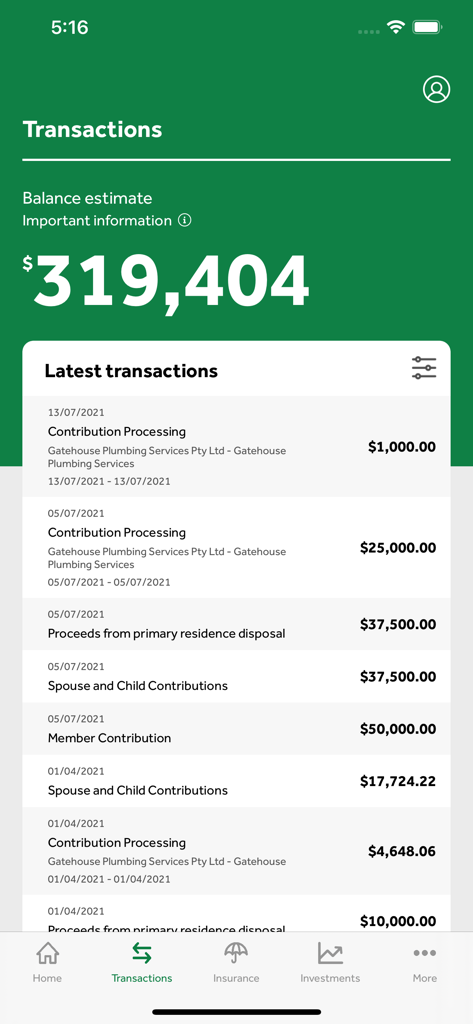Transaction history and balance overview in the Cbus Super mobile app.