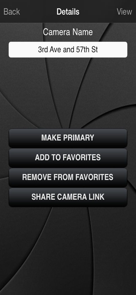 Camster NYC app screen showing camera management options for 3rd Ave and 57th St