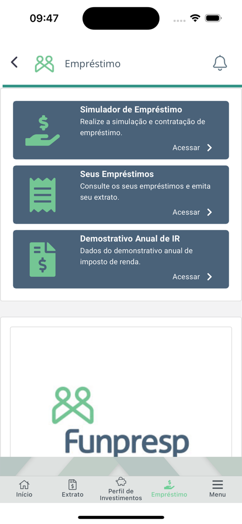 대출 시뮬레이션, 대출 내역 및 연간 소득세 명세서 옵션을 표시하는 Funpresp 앱 대출 섹션