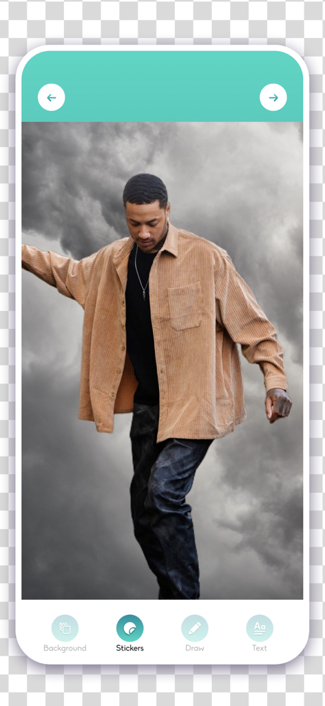 Cut and paste - Stickers maker - A man's photo cutout placed on a stormy sky background within the app's editing interface.