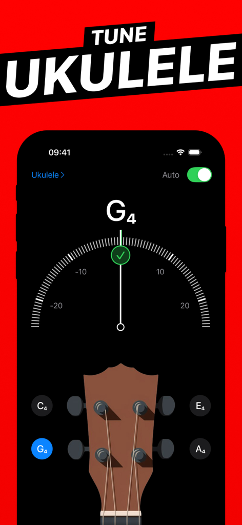 Kalimba Tuner - iPhone screenshot of the Kalimba Tuner app interface showing a ukulele being tuned to the note G4 with a green checkmark