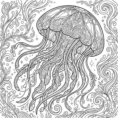 Explore the mesmerizing depths with this stunning Crystal Jellyfish adult coloring page, designed to captivate and calm. Its intricate patterns and ethereal beauty offer a perfect escape into a world of creativity.