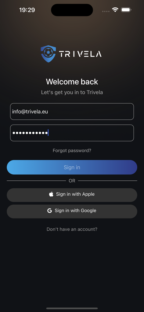 TRIVELA AI - Football Training - Sign in screen for the TRIVELA AI football training app